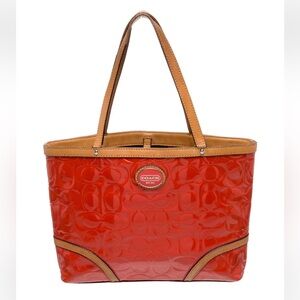 Coach Orange Patent Tote with Top Handle Tan Leather Trim